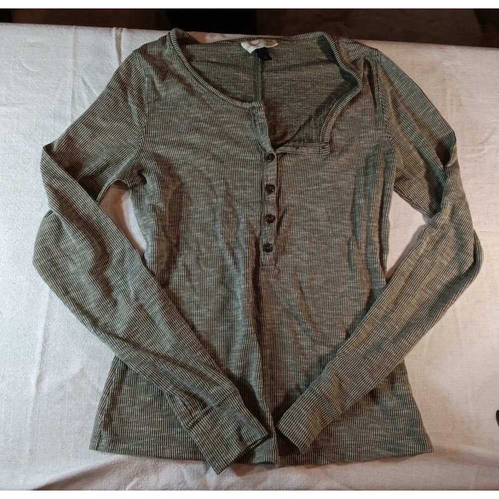 Universal Thread Womens Olive Green Striped Ribbed Long Sleeve Henley Top Small